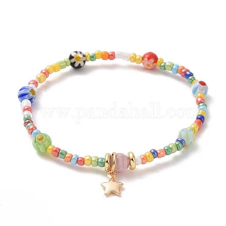 Bracelet extensible en perles de verre graine et millefiori avec breloques étoiles en laiton pour femme BJEW-JB09355-1