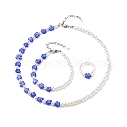 Imitazione plastica perla e collana braccialetto anello dito con perline di vetro millefiori SJEW-JS01239-1
