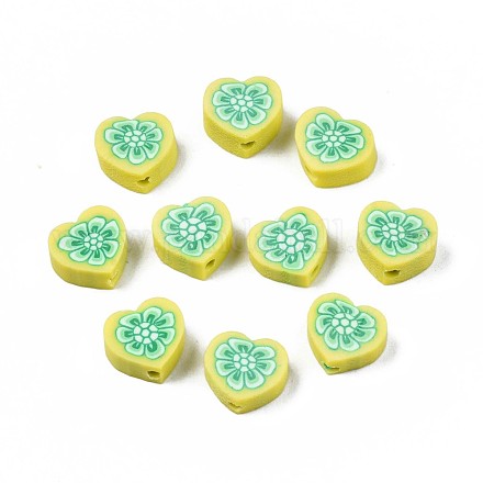 手作り樹脂粘土ビーズ  花柄とハート  緑黄  9x9~10x4~5mm  穴：1.5mm CLAY-N011-013H-1