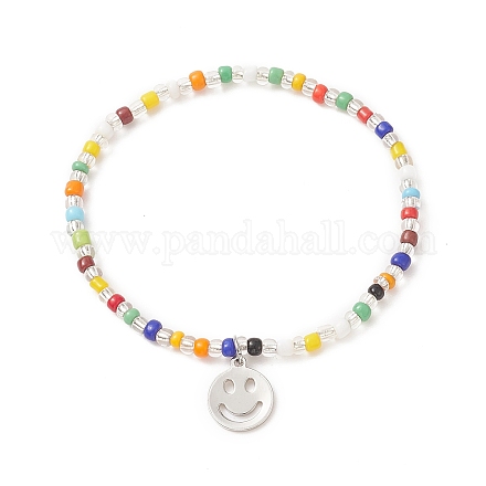 Pulsera elástica con cuentas de semillas de colores y amuletos de latón para mujer BJEW-JB09218-01-1