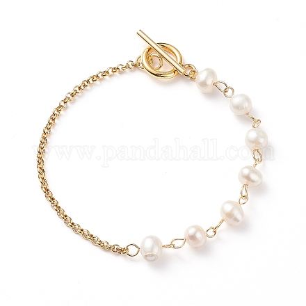 Pulsera de eslabones de perlas naturales con 304 cadena rolo de acero inoxidable para mujer BJEW-JB08776-01-1