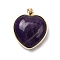 Natural Amethyst Pendants, Brass Heart Charms, Golden, Rack Plating, Cadmium Free & Lead Free, 24.5x21.5x10~10.5mm, Hole: 5.5x4mm