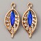 KC Gold Plated Alloy Pendants, with Acrylic and Crystal Rhinestone, Leaf Charm, Dark Blue, 31x13x4mm, Hole: 2mm