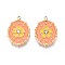 Ion Plating(IP) 304 Stainless Steel Rhinestone Pendants, with Enamel, Oval & Flower, Real 18K Gold Plated, Light Salmon, 21x14.5x2.5mm, Hole: 1.6mm