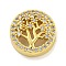 Rack Plating Brass Micro Pave Cubic Zirconia Beads, Cadmium Free & Lead Free, Long-Lasting Plated, Flat Round with Tree of Life Pattern, Real 18K Gold Plated, 12.5x5mm, Hole: 2x2.5mm