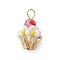 Glass Seed Beaded Cupcake Pendants, with Golden Brass Ball Head Pins Loop & Glass Pearl Round Bead & Glass Beads, Yellow, 19x12mm, Hole: 3.5mm