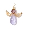 Glass Pendants, Angel Charms, with Brass Bead & Glass Seed Beads & Eco-Friendly Round Copper Wire Loop, Faceted, Lavender, 31~32x22~25x8mm, Hole: 1.8mm