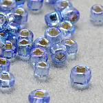 12/0 Grade A Round Glass Seed Beads, Square Hole, Silver Lined, AB Color Plated, Cornflower Blue, 2x1mm, Hole: 0.3x0.3mm