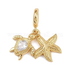 Ciondoli pendenti europei in ottone con zirconi cubici trasparenti, ciondoli con foro grande a forma di tartarughe e stelle marine, vero placcato oro 18k, 29mm, Foro: 4.6 mm