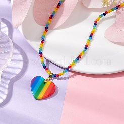 Collane con ciondolo a strisce di plastica con cuore arcobaleno&nbsp;NJEW-JN04898