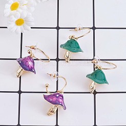 エナメル マッシュルーム ダングル スタッド ピアス  女性用金メッキ合金ハーフフープピアス  パープル  47x24.5mm  ピン：0.7mm&nbsp;JE987A