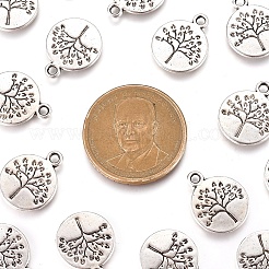 木のチベットスタイルの合金のペンダント付きのフラットラウンド  カドミウムフリー＆ニッケルフリー＆鉛フリー  アンティークシルバー  18.5x15x2mm  穴：2mm&nbsp;X-TIBEP-R338-10AS-NR