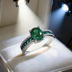 真鍮製マイクロパヴェキュービックジルコニア指輪指輪  オーバル  プラチナ  グリーン  内径: 調節可能&nbsp;FS-WG962D3-03