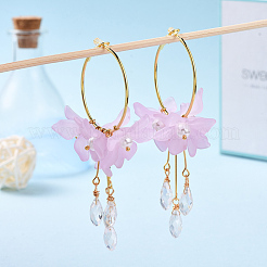 フープピアス  アクリルビーズで  ガラスビーズ  プラスチック模造パール  真鍮製のフープピアスのパーツ、鉄のパーツ、プラスチック製のピアスキャッチ  花  ピンク  85x35mm  ピン：0.7mm&nbsp;EJEW-JE04035-02