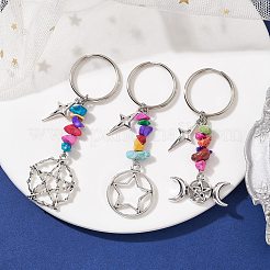 チベット風合金キーホルダー  染色された合成ターコイズビーズ連売り付き  アイアン製キーリング  スター  スター  6.7~8.2cm  ペンダント：43~56x23.5~30x7mm&nbsp;KEYC-JKC00708