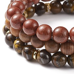 3 pièces 3 styles de jaspe rouge naturel & oeil de tigre & ensembles de bracelets extensibles en bois&nbsp;BJEW-JB08357
