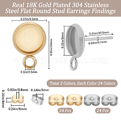 48個 2スタイル ステンレススチール スタッドピアス金具  カボションセッティング  フラットラウンド  2種類のスタイルのステンレス製イヤーナット48個付き  ミックスカラー  14x9.5mm  穴：2.5mmトレイサイズ：8mm&nbsp;STAS-BBC0010-23C
