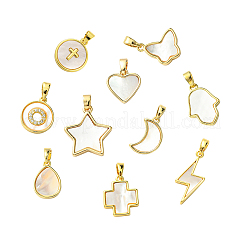 10 шт. 10 стиля подвески из натуральной белой ракушки с латунным паве&nbsp;KK-CJ0002-56