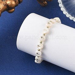 Pulseras elásticas planas redondas de concha de agua dulce natural con cuentas cruzadas para mujer&nbsp;BJEW-JB14238
