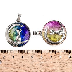 ガラスチャーム  合金パーツ  フラットラウンド  プラチナ  猫とムーン  カラフル  31x27x9.5mm  穴：6.5x3.5mm&nbsp;FIND-A043-13P