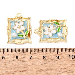 合金エナメルチャーム  ABSの模造パールと  カドミウムフリー＆ニッケルフリー＆鉛フリー  ラックめっき  花のチャームが付いた長方形  ゴールドカラー  ライトスカイブルー  25.5x19x4.5mm  穴：2mm&nbsp;FIND-M060-09A-G