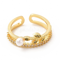 Anello a polsino aperto con foglia di zirconia cubica trasparente con perla di plastica con perline&nbsp;RJEW-I095-02G