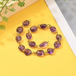 手作りの天然アメジストビーズのチェーン  ゴールデントーンアイアンピン  ナゲット  5~10x5~8x3.5~7mm  約39.37インチ（1m）/連&nbsp;AJEW-JB00794-05