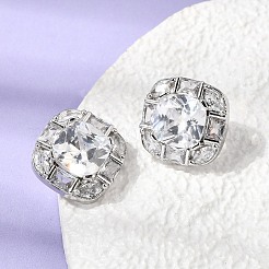 真鍮製パヴェキュービックジルコニア＆ガラススタッドピアス  正方形  ラックめっき  長持ちメッキ  カドミウムフリー＆鉛フリー  プラチナ  14.5x15mm&nbsp;EJEW-G471-03P