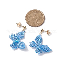 ガラスシードビーズのダングルスタッドピアス  304ステンレススチール製金具付き  蝶  ドジャーブルー  40x28mm&nbsp;EJEW-MZ00168-02