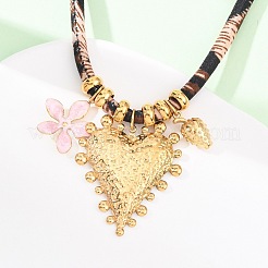 Женские ожерелья из полиэстерового шнура с леопардовым принтом и подвеской в виде розового цветка в форме сердца из нержавеющей стали 304 NJEW-F352-04G