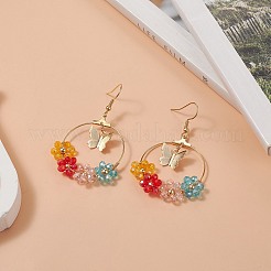 Серьги с подвесками из стеклянных бусин и латунных бабочек EJEW-JE05218-02