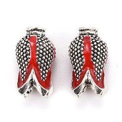4花弁合金エナメルビーズキャップ  鉛フリー＆カドミウムフリー  花  アンティークシルバー  レッド  11x6mm  穴：2mm&nbsp;ENAM-I050-01AS-01