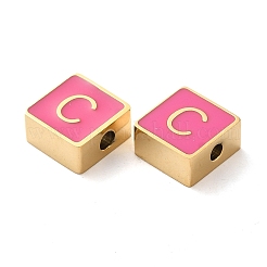 304ステンレススチールエナメルビーズ  14KGP本金メッキ  文字のある正方形  文字C  8x8x4mm  穴：2mm&nbsp;STAS-L022-293G-C