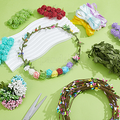 DIYのバラのリースセット  紙製の造花のつるを含む  ポリエステル製の人工柳の葉  サテンリボン  ジェッソ＆フォーム造花  ミックスカラー  70mm&nbsp;DIY-BM0002-05