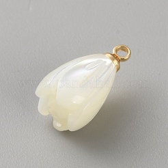 天然の貝殻で彫られた花のチャーム  真鍮のベイルと  フローラルホワイト  ゴールドカラー  13.5x7.5mm  穴：1.2mm&nbsp;KK-CJC0816-002G-03