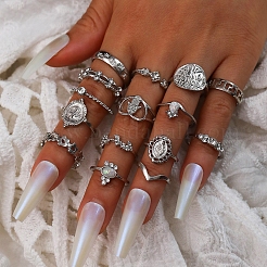 15 個 15 スタイル花 & ハムサ ハンド & オーバル & クロス合金指リング セット  女性のための積み重ね可能なリング  プラチナ  内径：16~18mm  1個/スタイル&nbsp;AJEW-PW0005-13P