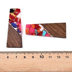 不透明な樹脂とクルミ材のペンダント  グリッターパウダー付き  台形  カラフル  49x19x3.5mm  穴：2mm&nbsp;RESI-T058-04H