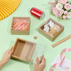 透明なプラスチックカバー付きの正方形折りたたみ厚紙クラフト紙梱包引き出しボックス  淡い茶色  12.2x12.2x4cm&nbsp;CON-WH0100-57A