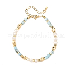 Armbänder aus facettiertem Larimar-Würfel und Perlen mit Messingperlen für Damen&nbsp;BJEW-JB14475-01