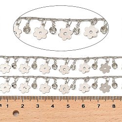 Rack Plating Brass Flower Link Chains, with Clear Glass Charms, Long-Lasting Plated, Soldered, with Spool, Platinum, flower: 10x7x0.2mm, flat round: 6x4x3mm, about 32.81 Feet(10m)/Roll