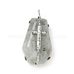 Natural Labradorite Pendants, Polygon Charm, with Stainless Steel Color Cross 304 Stainless Steel Findings, 38x19.5x9.5mm, Hole: 2.5mm