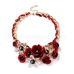 Rose & Sunflower Drama Bib Necklace, Rope Wrap Curb Chain Necklace for Women, Light Gold, Dark Red, 17.56 inch(44.6cm)