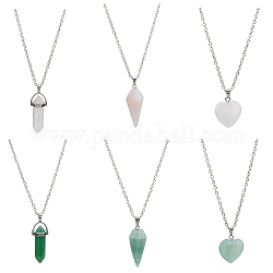 FIBLOOM 6Pcs 6 Styles Natural Rose Quartz & Green Aventurine Pendant Necklaces Set with Alloy Chains, Heart & Cone & Bullet, 18.31~18.70 inch(46.5~47.5cm), 1Pc/style