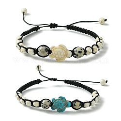 2 bracelet de perles tressées en jaspe dalmatien naturel et turquoise synthétique, 2 couleurs, 2-1/8~3-1/2 pièce, bracelets réglables tortue de mer, couleur mixte, diamètre intérieur: 5.4~9 pouce (1 cm), [1] pc / couleur