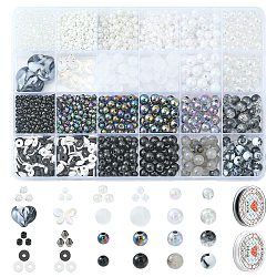 DIY Imitation Gemstone Stretch Bracelet Making Kit, Including Round & Bicone & Heart & Butterfly Shape Acrylic & Glass Seed & Polymer Clay Heishi Beads, Black and White, Beads: 2353Pcs/bag