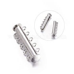 Platinum Plated Brass Magnetic Slide Lock Clasps, 10 Holes, 5 Strands, Column, about 5mm wide, 31mm long, hole: 0.8mm