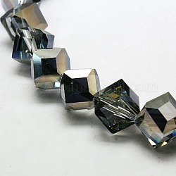 Perles de cube en verre de cristal à moitié plaquées, facette, platinée, 10~11x10~11x10~11mm, Trou: 1mm
