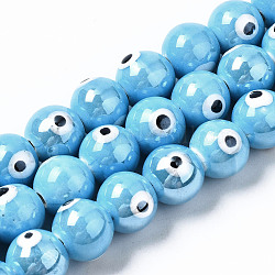 Handgemachte Porzellan-Keramik-Perlenstränge, hell glasierten Porzellan, Runde mit bösen Blick, Verdeck blau, 10.5 mm, Bohrung: 1.8 mm, ca. 32 Stk. / Strang, 12.01 Zoll (30.5 cm)
