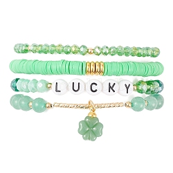 4Pcs 4 Style Glass & Polymer Clay Beaded Stretch Bracelets Set with Clover Charms, Word Lucky Stackable Bracelets for Saint Patrick's Day, Green, Inner Diameter: 2-1/8 inch(5.5cm), 1Pc/style