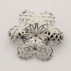 Iron Brooch Setting Findings, with Brass Filigree Flower Tray, Platinum, 24x27x8mm